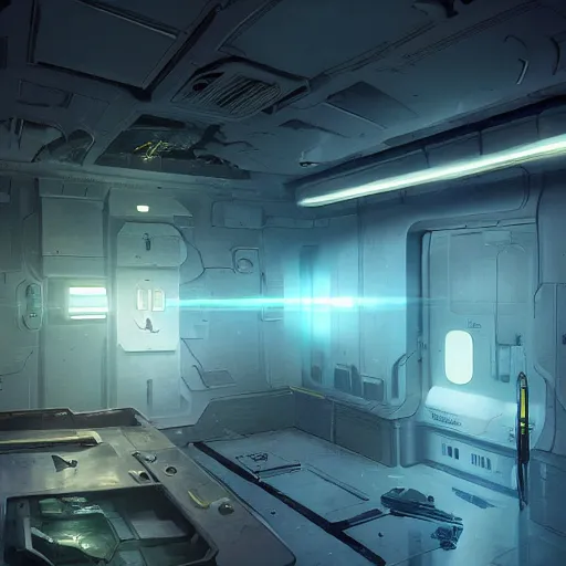 Prompt: sci fi art a prison cell in a spaceship with electrocutter by greg rutkowski ultrahd unrealengine volumetric lightning