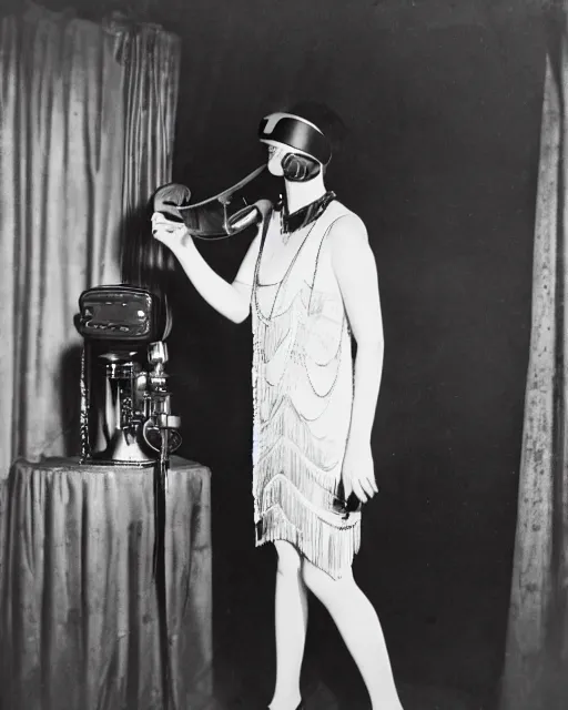 Image similar to 1 9 2 0 s photo of a flapper girl wearing a vr headset on a stage in a speakeasy