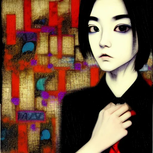 Image similar to yoshitaka amano blurred and dreamy realistic three quarter angle portrait of a young woman with short hair and black eyes wearing office suit with tie, junji ito abstract patterns in the background, satoshi kon anime, noisy film grain effect, highly detailed, renaissance oil painting, weird portrait angle, blurred lost edges