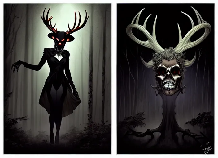 Image similar to style artgerm, joshua middleton, steve niles, diego fazio, j. c. leyendecker : : scary wendigo with antlers and skull face mixed with werewolf : : [ beautiful witch wearing a black dress, symmetrical face, on the right side ] : : in the forest, detailed, dark and foggy, cinematic lighting