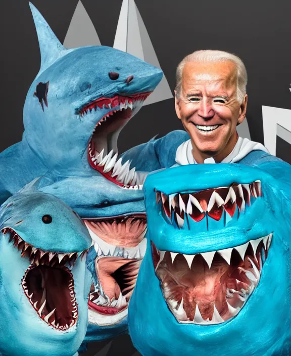 Image similar to joe biden nightmare fuel, shark man, shark costume, shark fin, sharp teeth, big smile, blue skin, ( ( claymation ) ), iridescent accents, by simon stalenberg