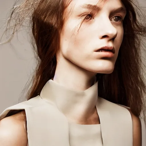 Image similar to close up of face of female fashion model in minimalistic dress, beige colors, official jil sander editorial