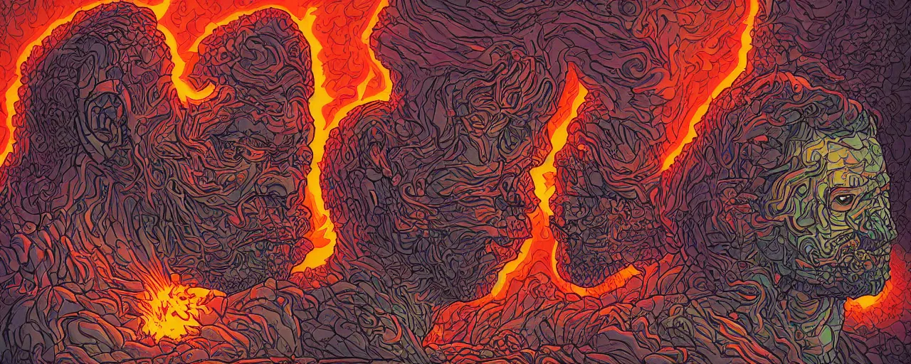 Image similar to portrait of head melting into another one, lava, laugh and surprise, by Dan Mumford