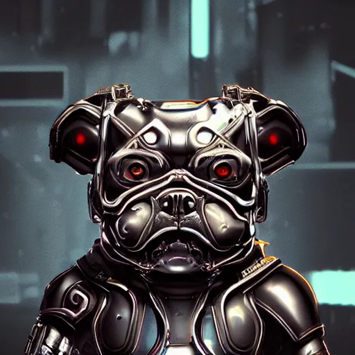 Image similar to « a cyborg bulldog sitting down, cyberpunk art by grillo demo, cgsociety, computer art, future tech, made of liquid metal, sketchfab »