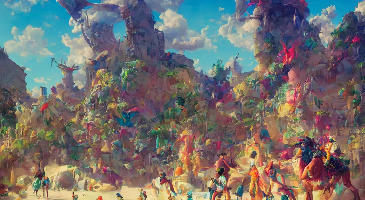 Image similar to bazaar zouk oriantal multicolorful sky shine place mosquet painting, sunny day, matte painting, bold shapes, hard edges, street art, trending on artstation, by huang guangjian and gil elvgren and sachin teng