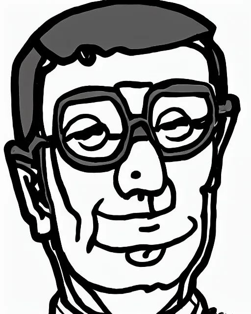 Image similar to Hank Hill drawn by in the style of Moomins by Tove Jansson, cross hatching, black and white, thin outlines