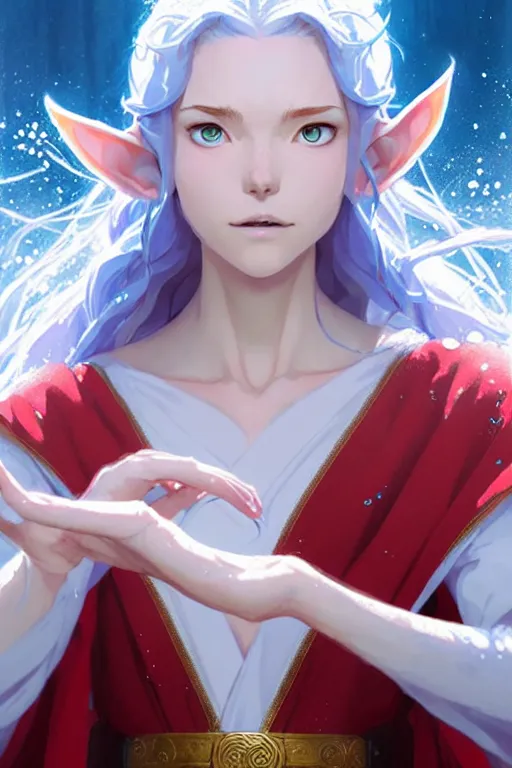 Image similar to elf female sorcerer doing water magic spells, blue robes, red hair, finely detailed perfect face, exquisite details, mid view, design on a white background, by studio muti, greg rutkowski makoto shinkai takashi takeuchi studio ghibli