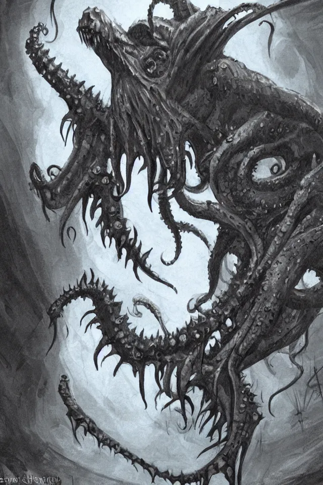 Prompt: concept art of a scary cthulhu monster with sharp sabre teeth in a dark tight lovecraft corridor