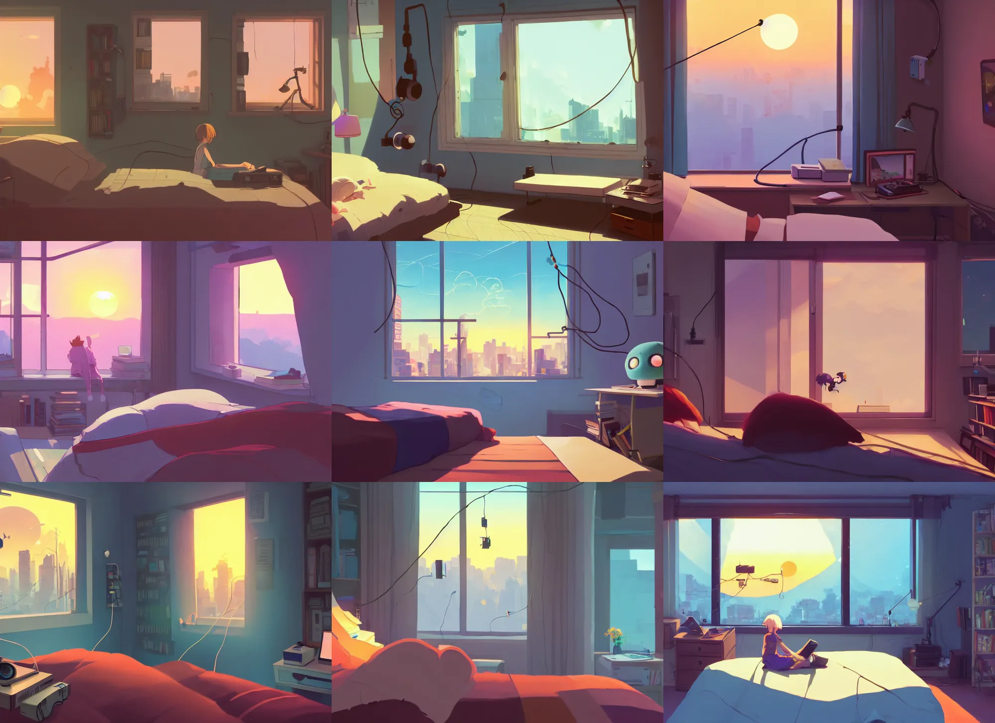 Prompt: bedroom, gamecube, books, wires, window looking out over city, detailed, cory loftis, james gilleard, atey ghailan, makoto shinkai, goro fujita, studio ghibli, rim light, exquisite lighting, clear focus, very coherent, plain background, soft painting, sunset