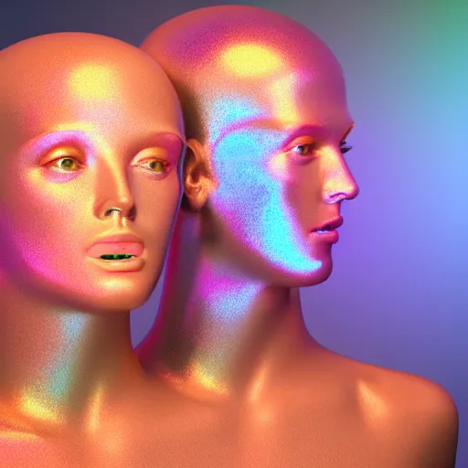 Image similar to 3d render of holographic human robotic head made of glossy iridescent, surrealistic 3d illustration of a human face non-binary, non binary model, 3d model human, cryengine, made of holographic texture, holographic material, holographic rainbow, concept of cyborg and artificial intelligence