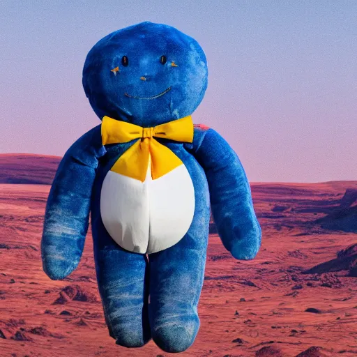 Prompt: blue'snappy gifts'human - sized plush doll, on the background of mars landscape, holding gift, hazy atmosphere, high detail, soft lighting, 8 k