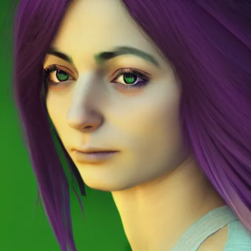 Prompt: portait elissar zakaria khoury lebanese artist, centred, sadness look, long purple hair, hd, unreal engine, final fantasy style amazing green background theme