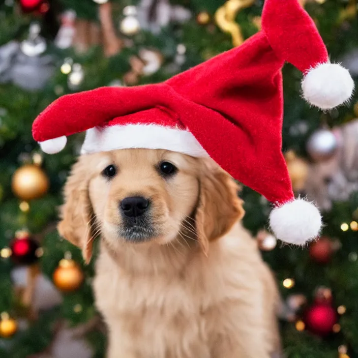 Image similar to cute golden retriever puppy wearing a christmas hat by archibald thorburn