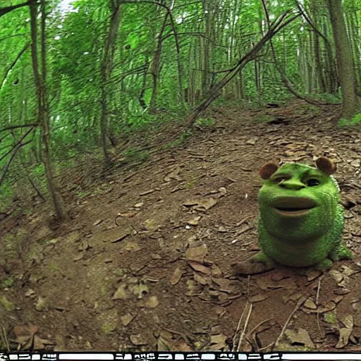 Image similar to Shrek caught on trail cam trying to eat camera, wide angle lens, night vision, grainy