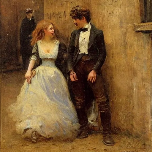 Image similar to young victorian man and woman escaping a dungeon, by alfred stevens