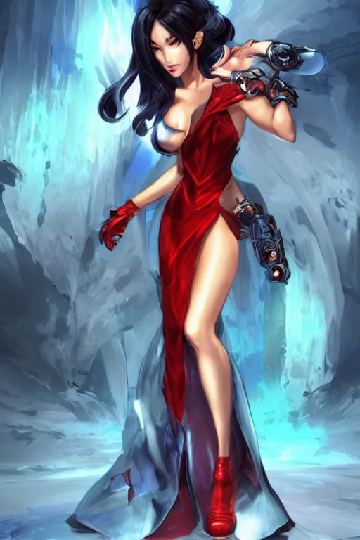 Image similar to Megan Fox in red back light using a pale blue summer dress in a blade and soul spinoff artbook rendered by the artist Taran Fiddler, Joe Madureira, Nadezhda Tikhomirova, Jiyun Chae, Lê Long, trending on Artstation by Hyung Tae Kim, artbook, Stanley Artgerm Lau, WLOP, Rossdraws , James Gurney