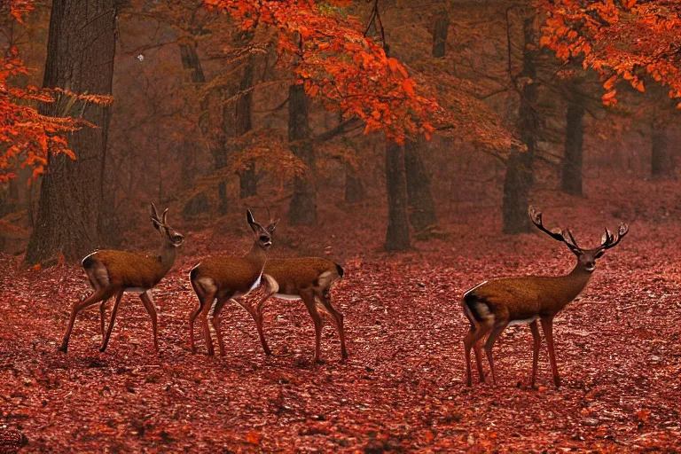 Prompt: a national geographic photo of deer that red color in forest, f 2,0, telephoto