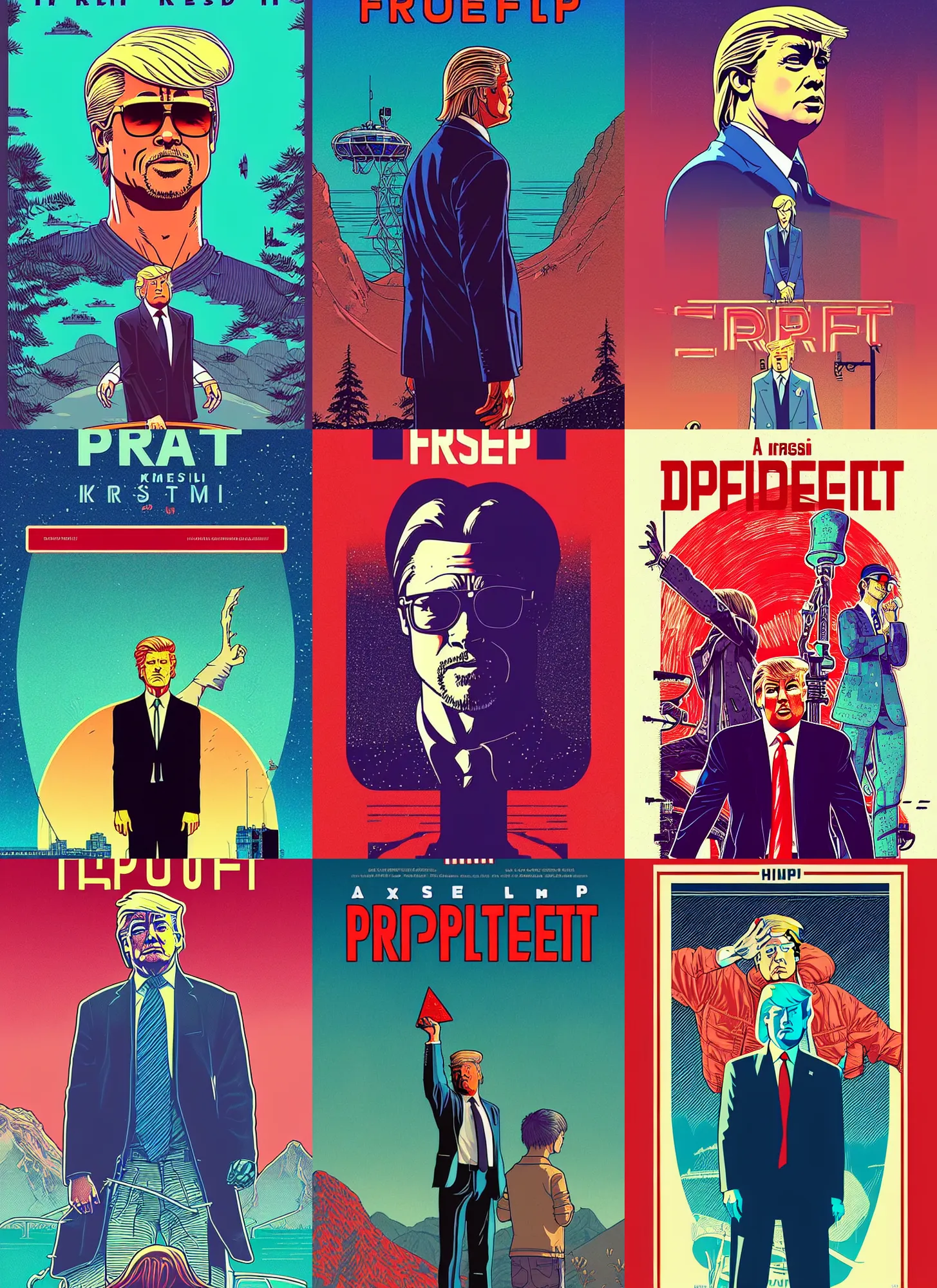 Prompt: a transparent glass movie poster of brad pitt as president donald trump, risograph by laurie greasley, kawase hasui, josan gonzalez, jean giraud, moebius and edward hopper, colourful flat surreal design, in the style of oxenfree and hollow knight, super detailed, a lot of tiny details, fullshot