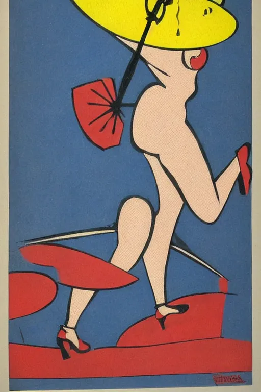 Image similar to mid century modern art 5 0 s atomic lady and umbrella by bernard simunovic