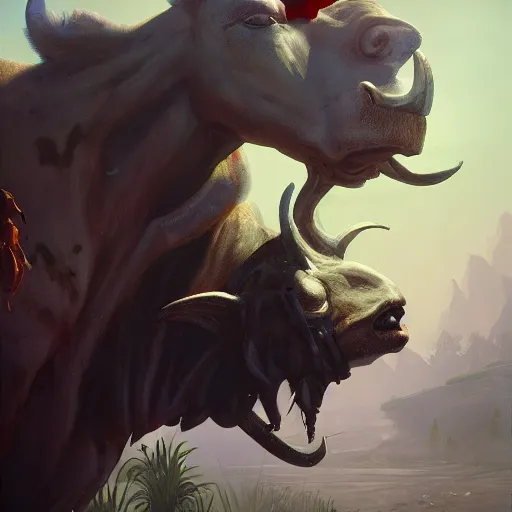 Image similar to painting of the cow king from diablo two, by beeple, artstation ,chic ,elite,detailed