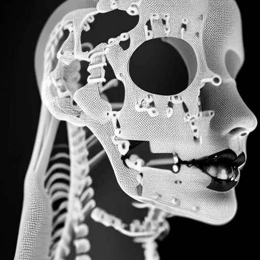 Image similar to black and white dreamy foggy smoky profile face portrait, single skeletal biomechanical beautiful young female cyborg robot bust, body ribs meshes,, volumetric light, rim light, by dora maar and cecile beaton, big gothic fashion pearl embroidered collar, 8 k