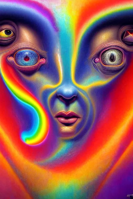 Image similar to hyperrealistic abstract close-up Renaissance psychedelic!! celestial happy! pure creature!! peaceful! kind spirit of nature! beautiful fractal!! eyes! highly detailed concept art eric zener elson peter cinematic hard rainbow lighting high angle hd 8k sharp shallow depth of field endless, inspired by Zdzisław Beksiński Salvador Dali