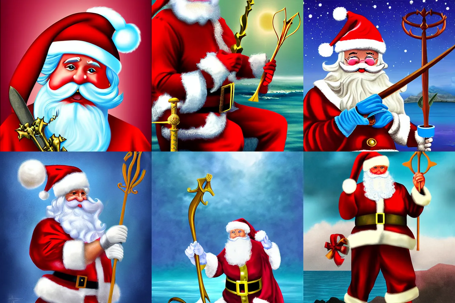 Prompt: dramatic digital art painting of Santa clause Neptune holding a trident king of the Christmas sea