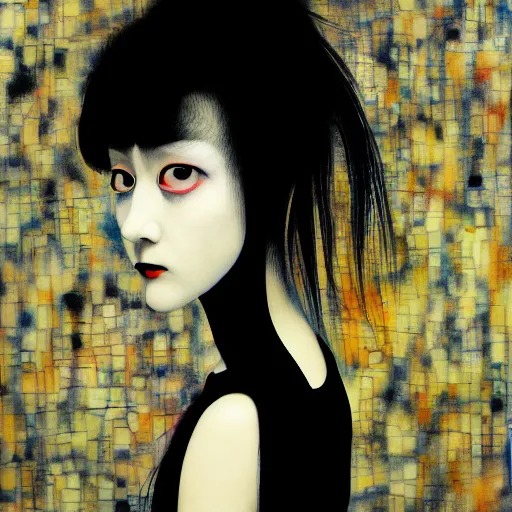 Image similar to yoshitaka amano blurred and dreamy realistic portrait of a young woman with black lipstick and black eyes wearing dress suit with tie, junji ito abstract patterns in the background, face in three quarter view, satoshi kon anime, noisy film grain effect, highly detailed, renaissance oil painting, weird portrait angle, blurred lost edges