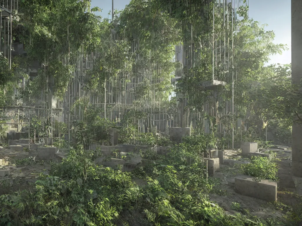 Prompt: a jungle made out of concrete. steel bars as vines, concrete beams for tree trunks, rubble, beautiful atmospheric lighting, sunlight beaming through open windows, small dust particles in the air. unreal engine 5, v - ray, 8 k, ultra hd, god rays.