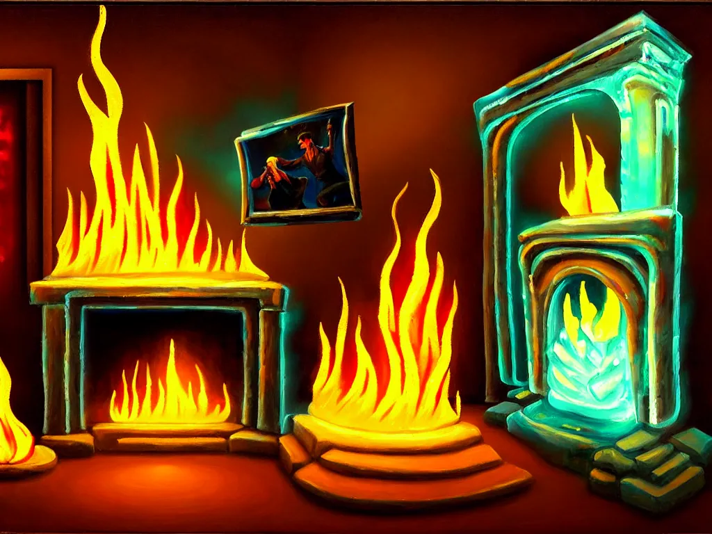 Prompt: oil painting of a fireplace with an ice sculpture inside it, dancing flames, and pictures hanging on the wall next to it, varied levels of attention, medium saturation high contrast absurd comical, minimal shading, hard outlines, light and medium values