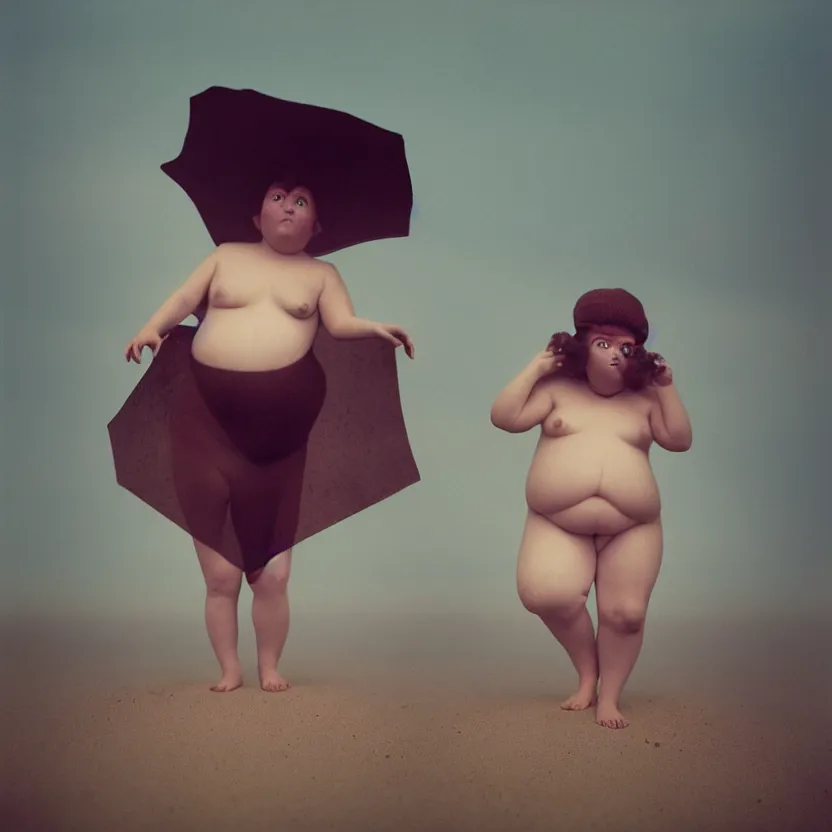 Image similar to kodak portra 4 0 0, wetplate, muted colours, blueberry, 1 9 3 0 s style, award winning portrait of wooden skulptur of cute fat girl on beach, haze, motion blur, in the style of britt marling and by georges melies