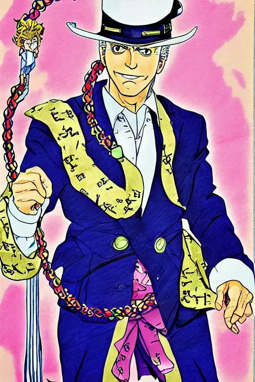 Image similar to Joe Biden as Jotaro Kujo JoJo from JoJo's Bizarre Adventure, anime drawing by Hirohiko Araki, vivid colors, colorful fashion