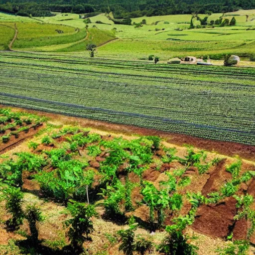 Image similar to biodynamic farm, beautiful, astrological features in the sky, vivid color schemes, rows of vegetable crops, grazing sheep, fruit trees