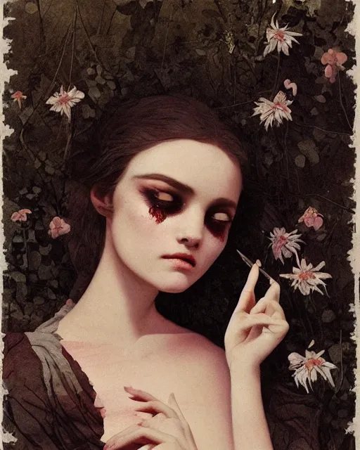 Image similar to a beautiful but sinister and creepy woman in layers of fear, with haunted eyes, violence in her eyes, putting on lipgloss, 1 9 7 0 s, seventies, delicate embellishments, a little blood, woodland, moonlight shining on wildflowers, painterly, offset printing technique, by alexandre cabanel