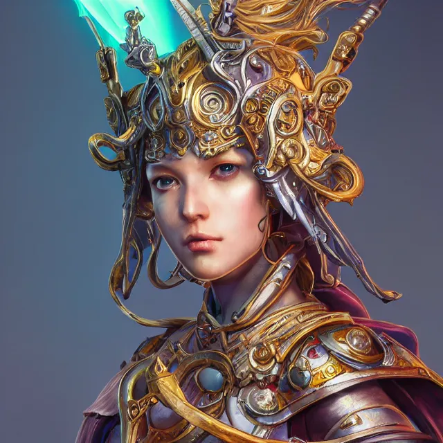 Image similar to studio portrait of lawful good colorful female holy mech paladin as absurdly beautiful, elegant, young sensual pretty woman, ultrafine hyperrealistic detailed face illustration by kim jung gi, irakli nadar, intricate linework, sharp focus, bright colors, matte, octopath traveler, final fantasy, unreal engine highly rendered, global illumination, radiant light, intricate environment