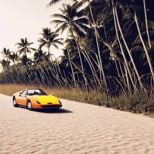 Image similar to a photograph of a stunning blonde woman, sat next day a man with brown hair in a Ferrari Testarossa on a road next to a white sand beach with palm trees