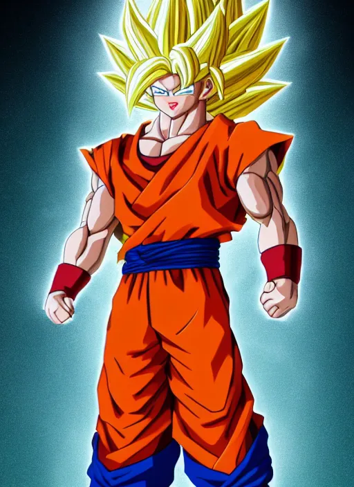 Image similar to a full portrait photo of super saiyan son goku, f / 2 2, 3 5 mm, 2 7 0 0 k, lighting, perfect faces, award winning photography.