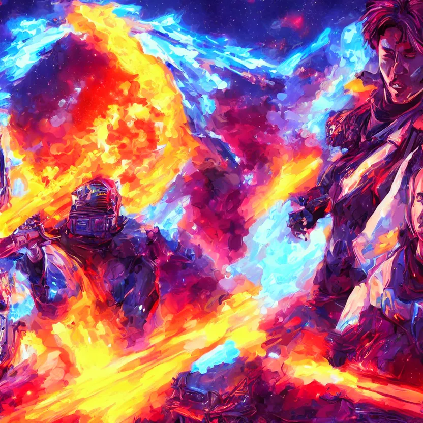 Image similar to explosions of ice and fire, retrowave epic art, trending on art station