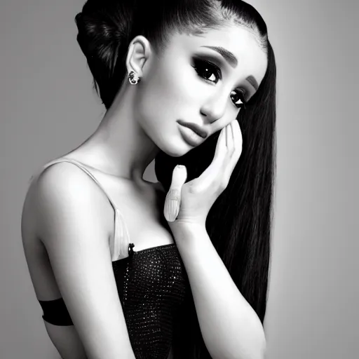 Image similar to photo of ariana grande in goth make - up, ultra realistic, modeling studio, yoga pose, highly detailed, photorealistic, 8 k, by jingna zhang