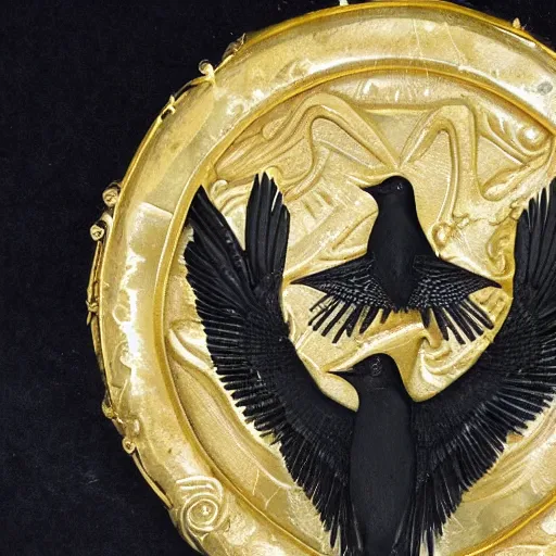 Prompt: A coat of arms with a blackbird in the center, around it two rings of different width. Made of marble with gold decoration. SLR photography