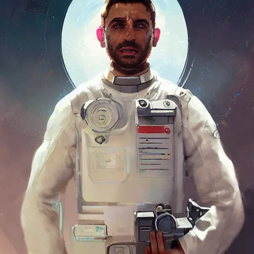 Prompt: a middle eastern starship medical officer with cybernetic enhancements, sci fi character portrait by greg rutkowski, craig mullins