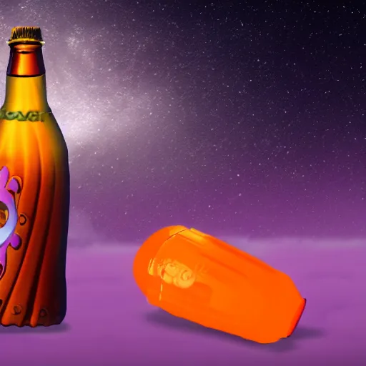 Prompt: sinbad stuck in a fanta bottle abandoned in desert with purple sky