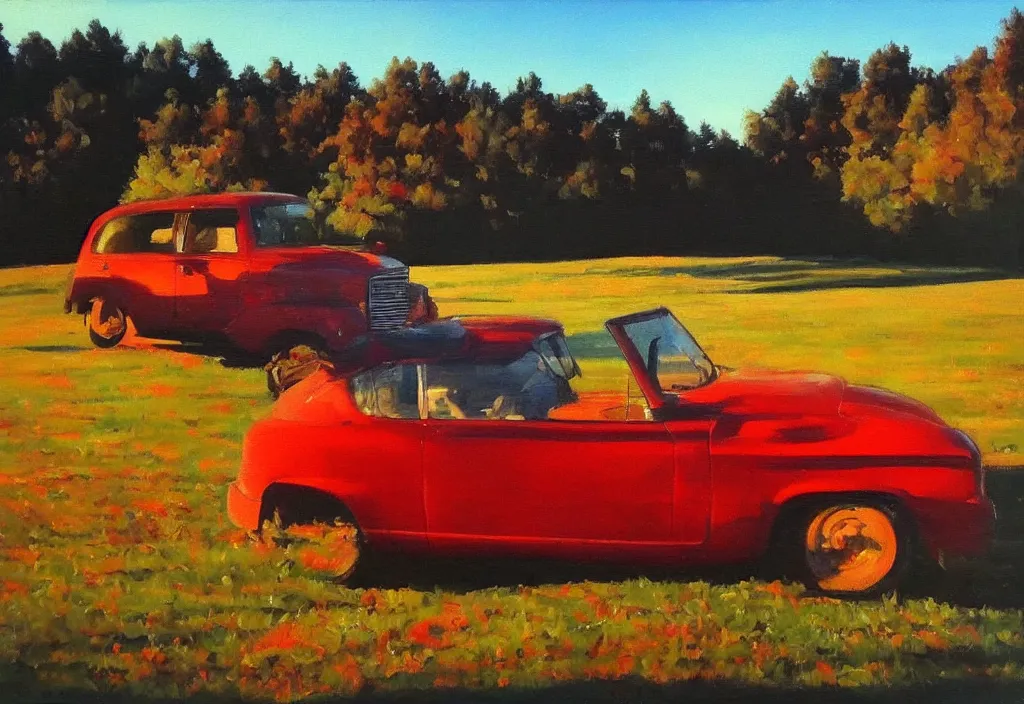 Prompt: red car, driving, golden hour, brush strokes, peaceful, oil painting