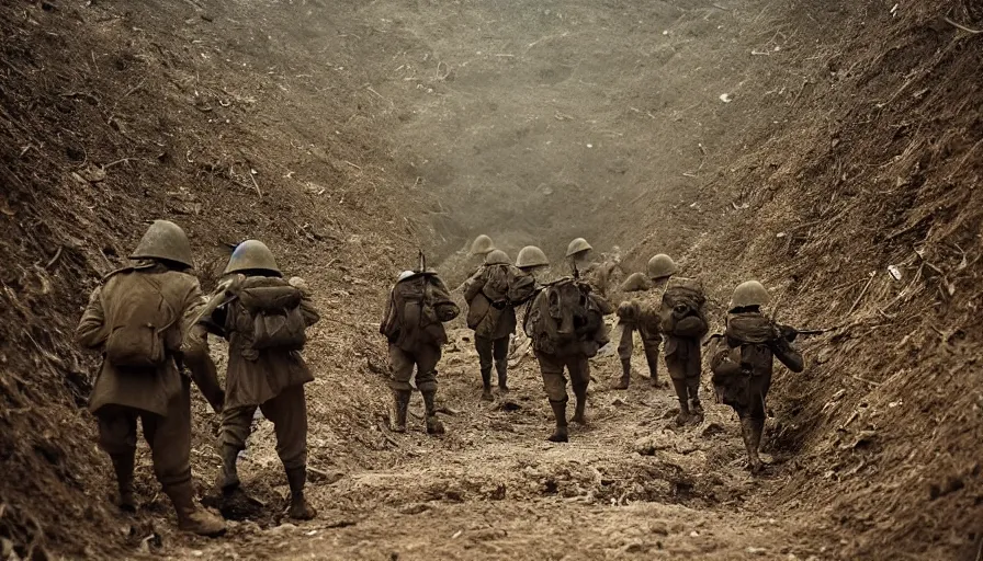 Prompt: ghosts of dead World War 1 soldiers patrolling abandoned WW1 trenches, dirty lens, cinematic lighting, IMAX cinematography, 35mm