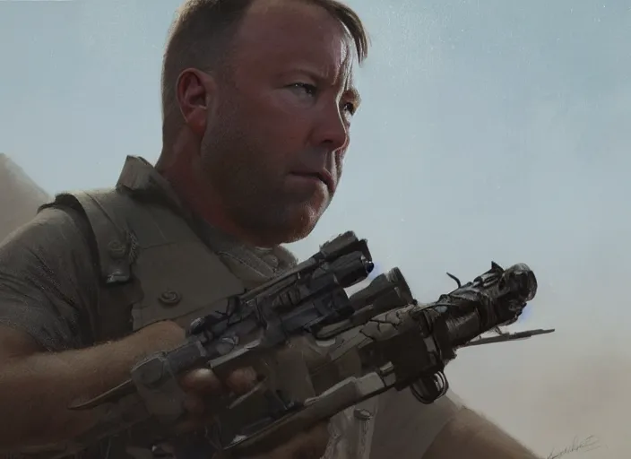 Prompt: close up cinematic artwork of Alex Jones staring down the enemy on the battlefield by Greg Rutkowski, 4k, masterpiece