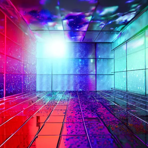 Prompt: clear glass box in a empty room with explosion of liquid color trapped inside detailed 4 k 3 d render