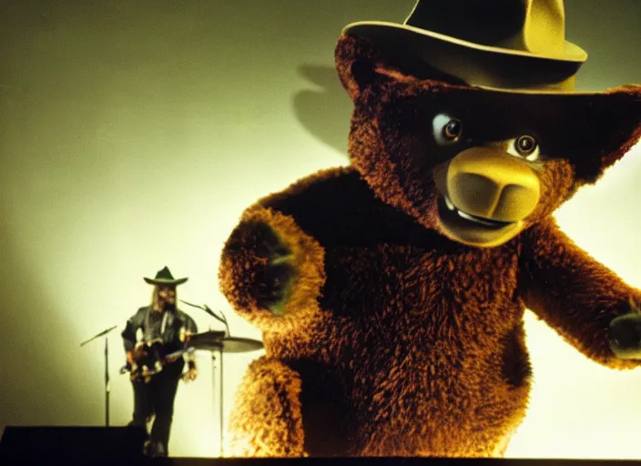 Image similar to publicity photo still of smokey the bear on tour with ozzy osborne live on stage, 8 k, live concert lighting, mid shot