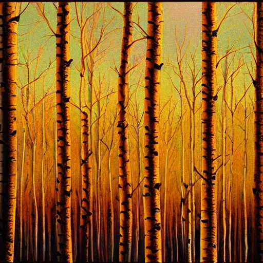 Prompt: beautiful painting of an Aspen forest at sunset, digital art, award winning illustration, golden hour, smooth, sharp lines, concept art, trending on artstation