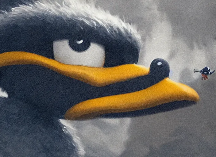 Image similar to close up cinematic artwork of Donald duck staring down the enemy on the battlefield by Greg Rutkowski, 4k, masterpiece