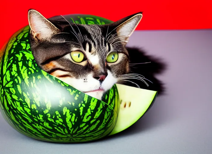 Image similar to photo of a cat wearing a helmet made of a watermelon. fantasy horror style. highly detailed 8 k. intricate. lifelike. soft light. nikon d 8 5 0 5 5 mm. dof. cinematic post - processing.